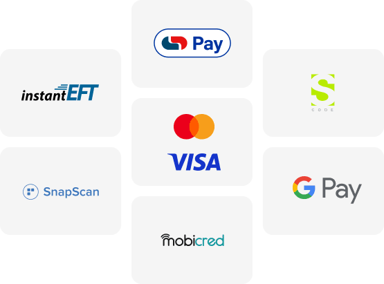 Accepted payment methods: Visa, Mastercard, Instant EFT, SnapScan, Mobicred and more